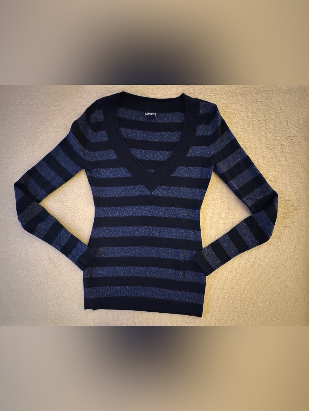Express Navy and Black Striped V-Neck Sweater